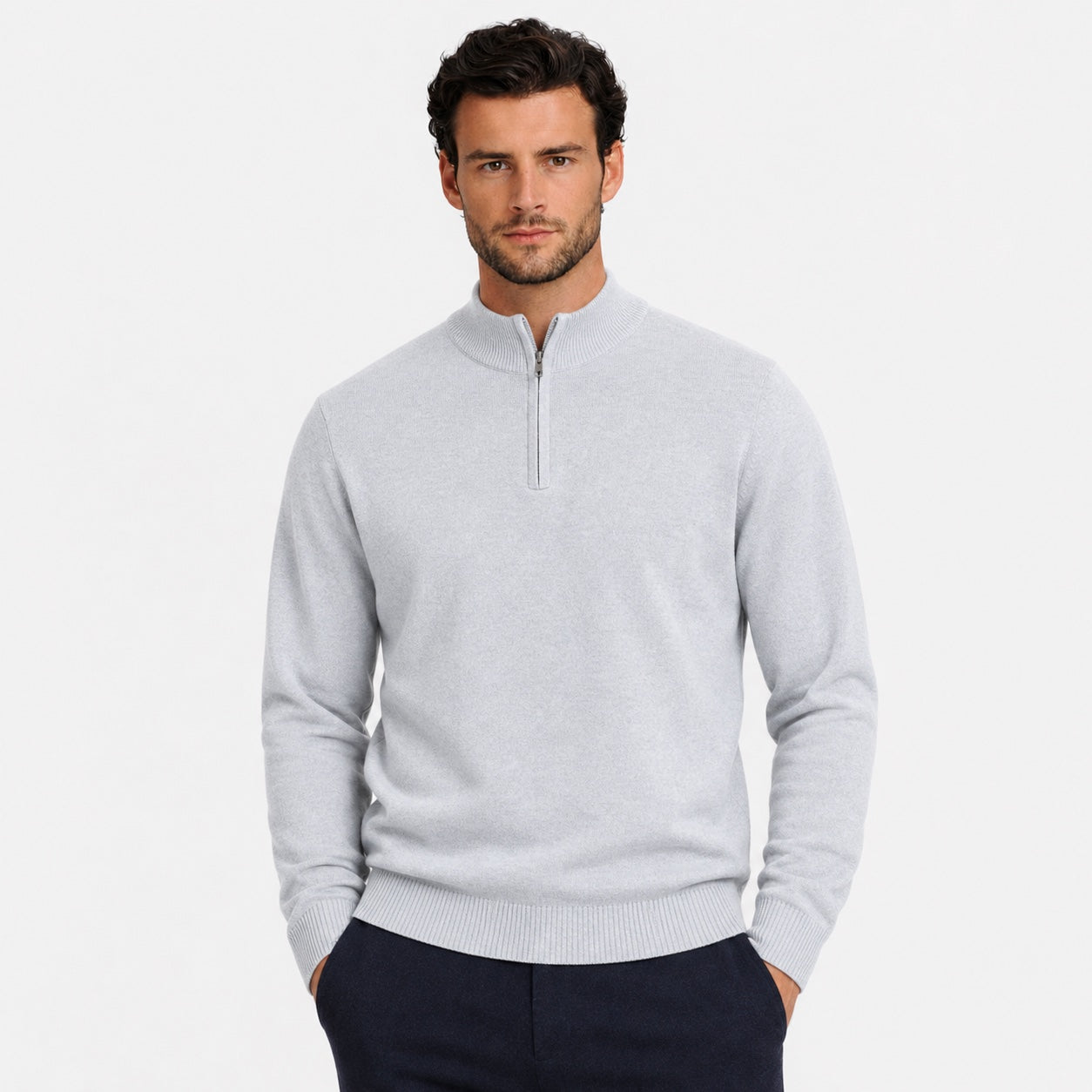 Men's Fine-Knit Quarter-Zip Jumper Stand Collar Long Sleeve Regular Fit - Light Grey front