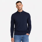 Men's Fine-Knit Quarter-Zip Jumper Stand Collar Long Sleeve Regular Fit - Navy Blue front