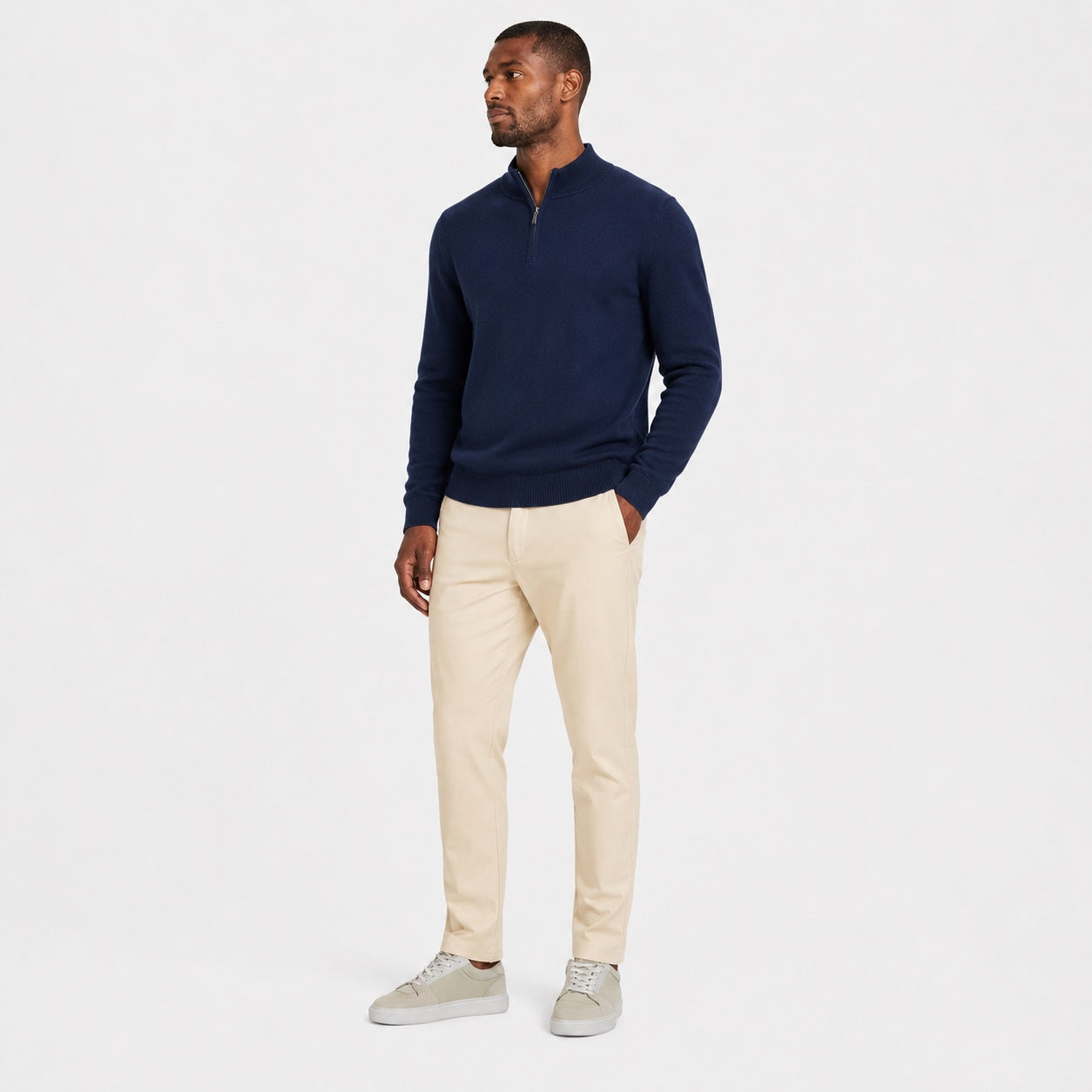 Men's Fine-Knit Quarter-Zip Jumper Stand Collar Long Sleeve Regular Fit - Navy Blue front