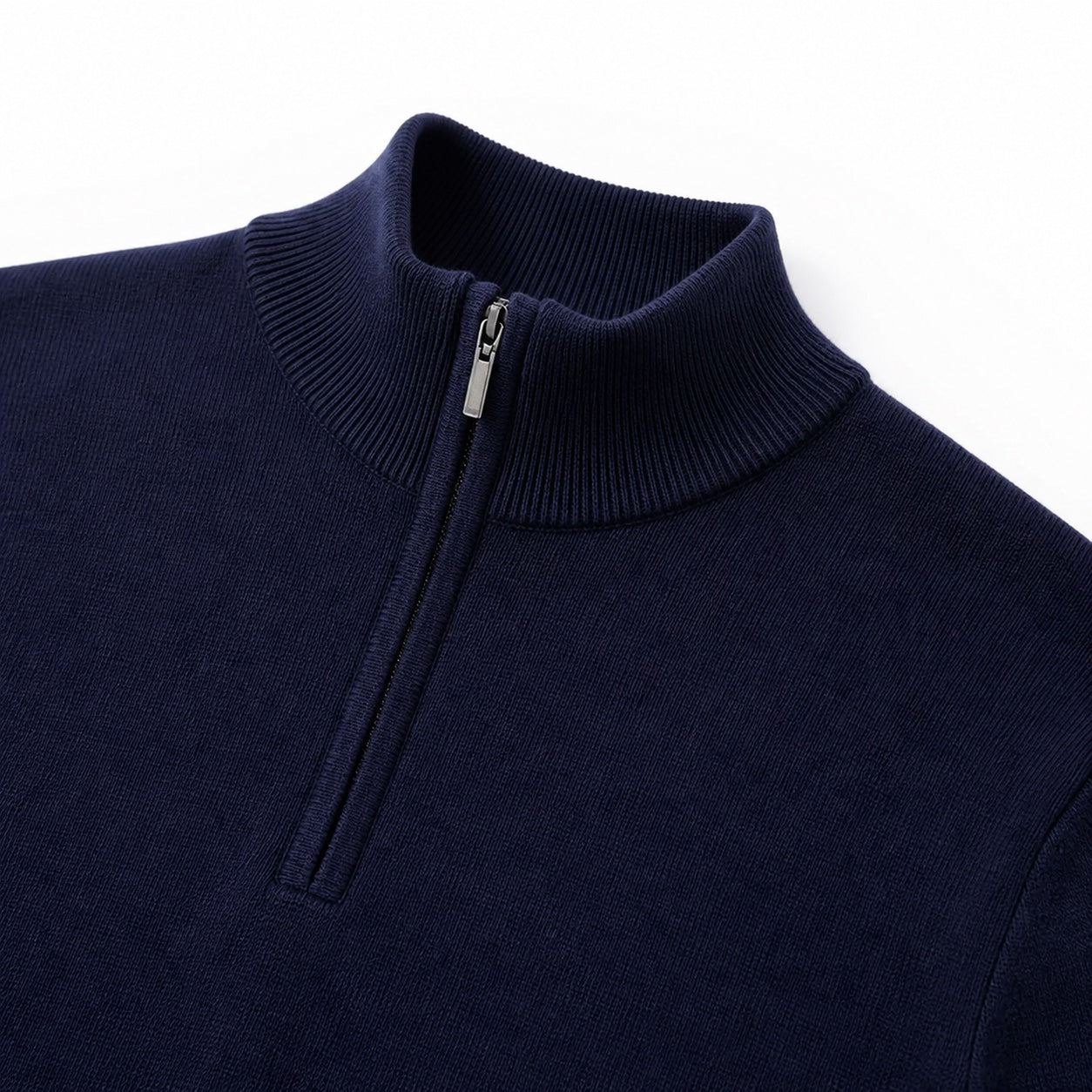 Men's Fine-Knit Quarter-Zip Jumper Stand Collar Long Sleeve Regular Fit - Navy Blue detail
