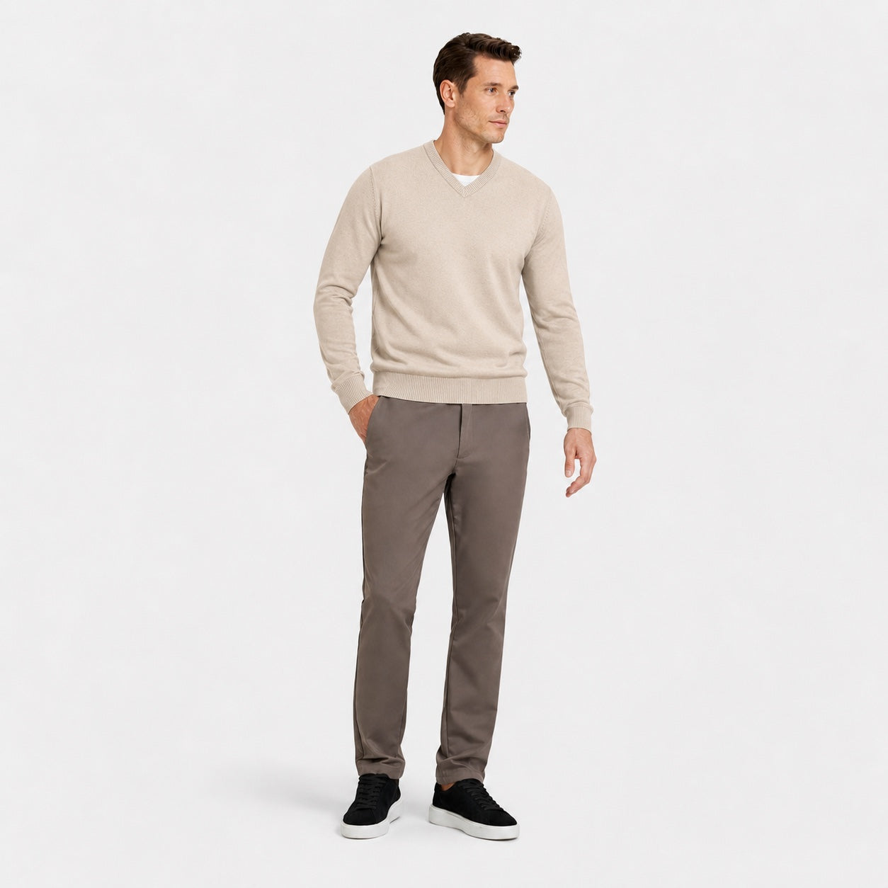 Men's Fine-Knit V-Neck Jumper Long Sleeve Regular Fit - Apricot front