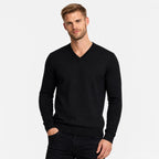 Men's Fine-Knit V-Neck Jumper Long Sleeve Regular Fit - Black front