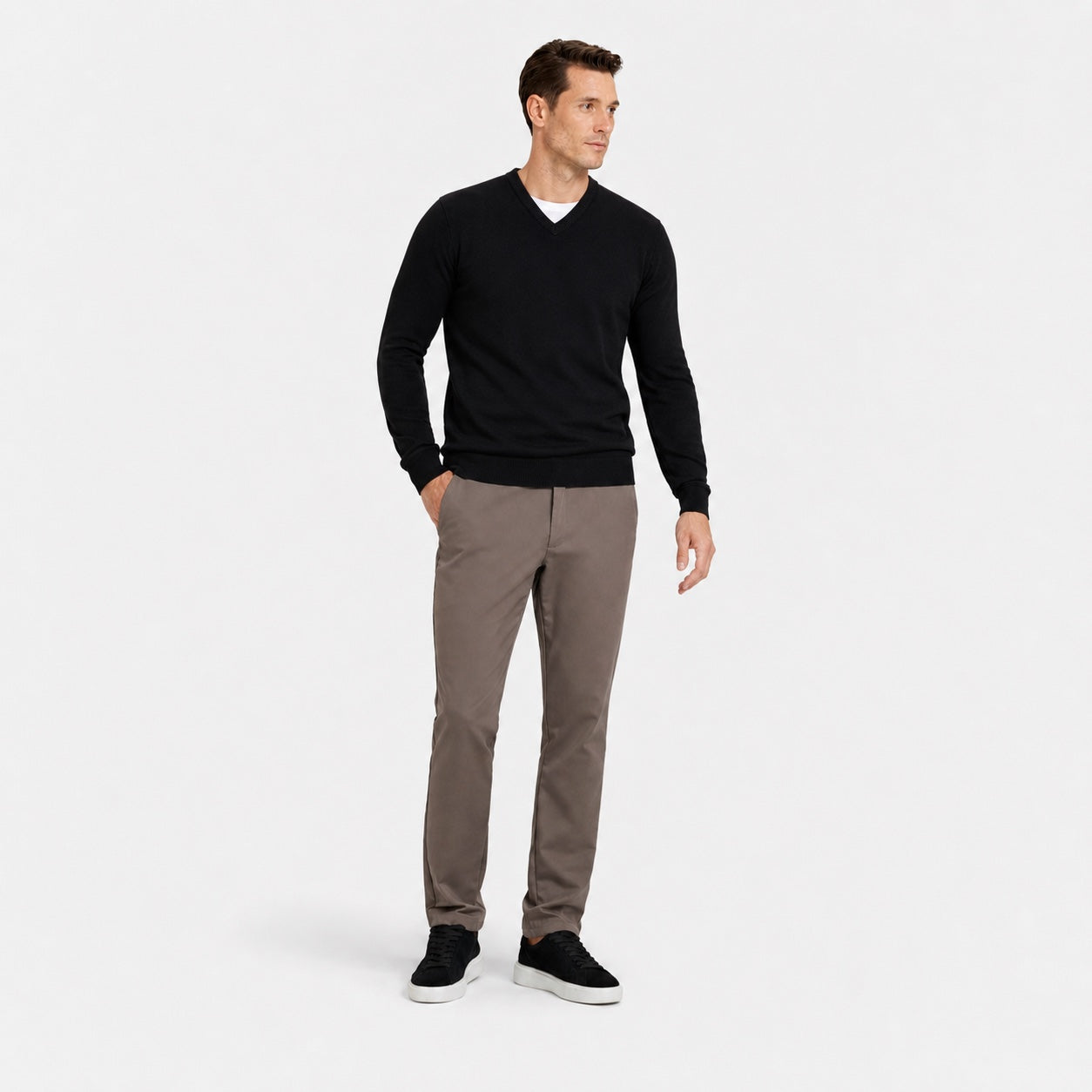 Men's Fine-Knit V-Neck Jumper Long Sleeve Regular Fit - Black front