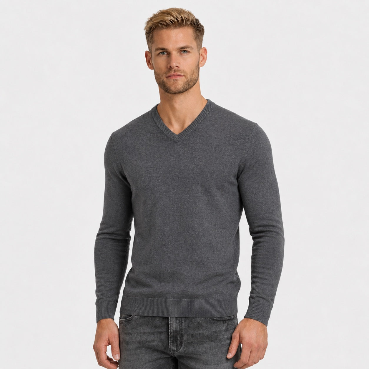 Men's Fine-Knit V-Neck Jumper Long Sleeve Regular Fit - Grey front