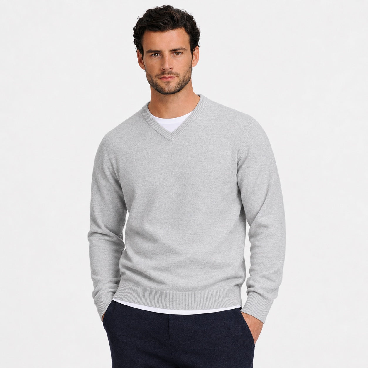 Men's Fine-Knit V-Neck Jumper Long Sleeve Regular Fit - Light Grey front