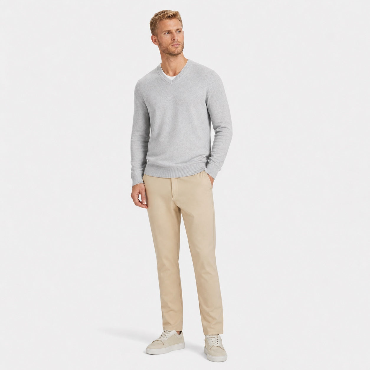 Men's Fine-Knit V-Neck Jumper Long Sleeve Regular Fit - Light Grey front