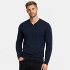 Men's Fine-Knit V-Neck Jumper Long Sleeve Regular Fit - Navy Blue front