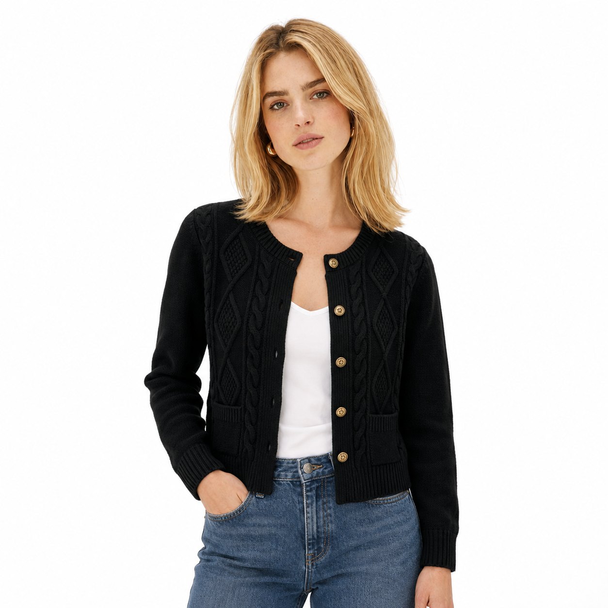 Women's Cable-Knit Cardigan Round-Neck Buttoned Regular Fit