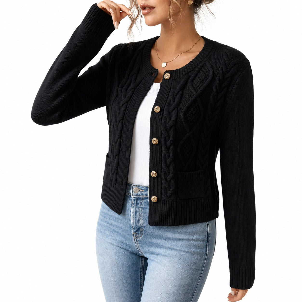 Women's Cable-Knit Cardigan Round-Neck Buttoned Regular Fit