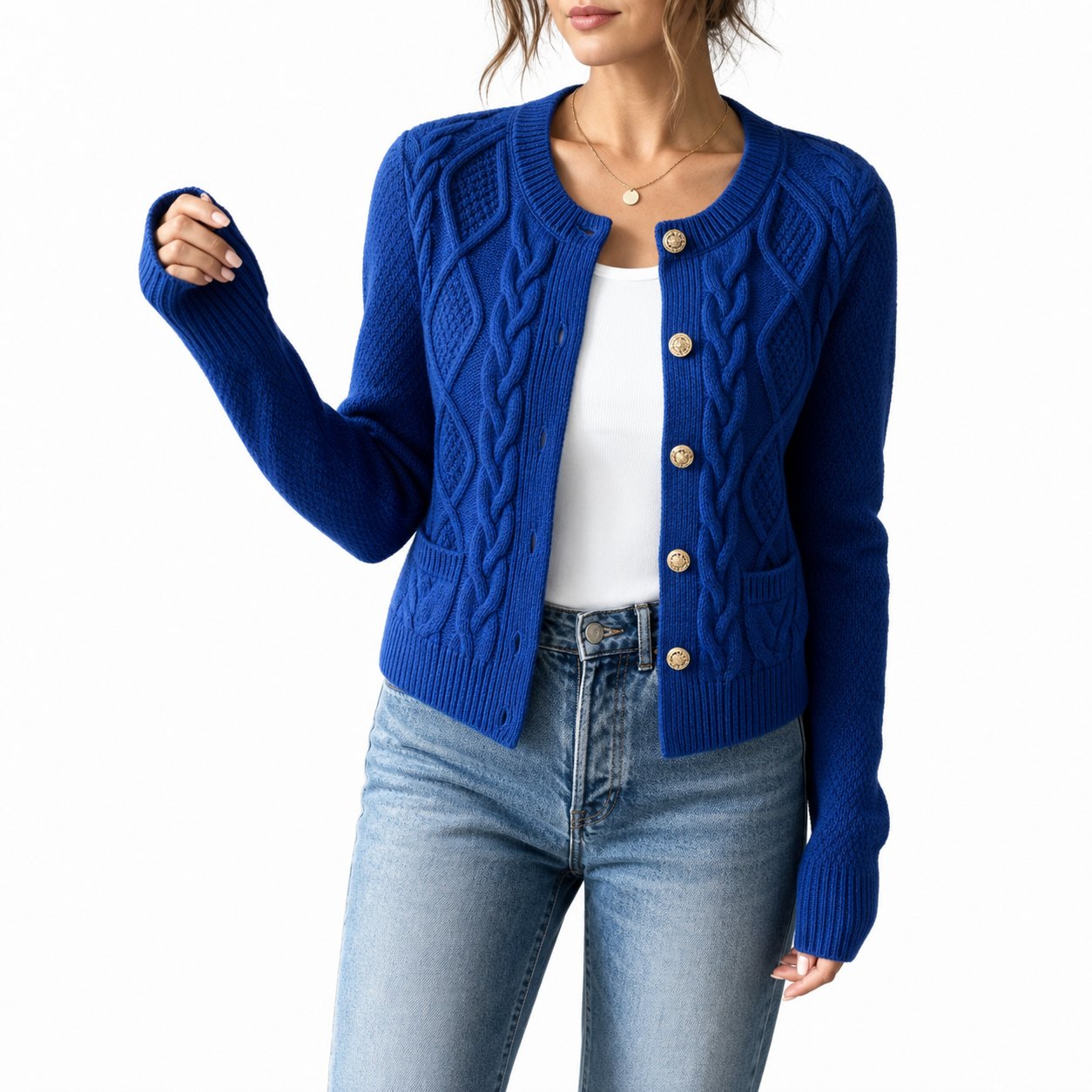 Women's Cable-Knit Cardigan Round-Neck Buttoned Regular Fit