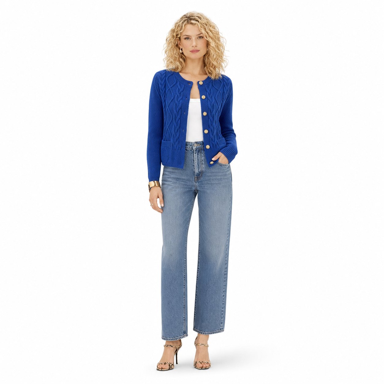 Women's Cable-Knit Cardigan Round-Neck Buttoned Regular Fit