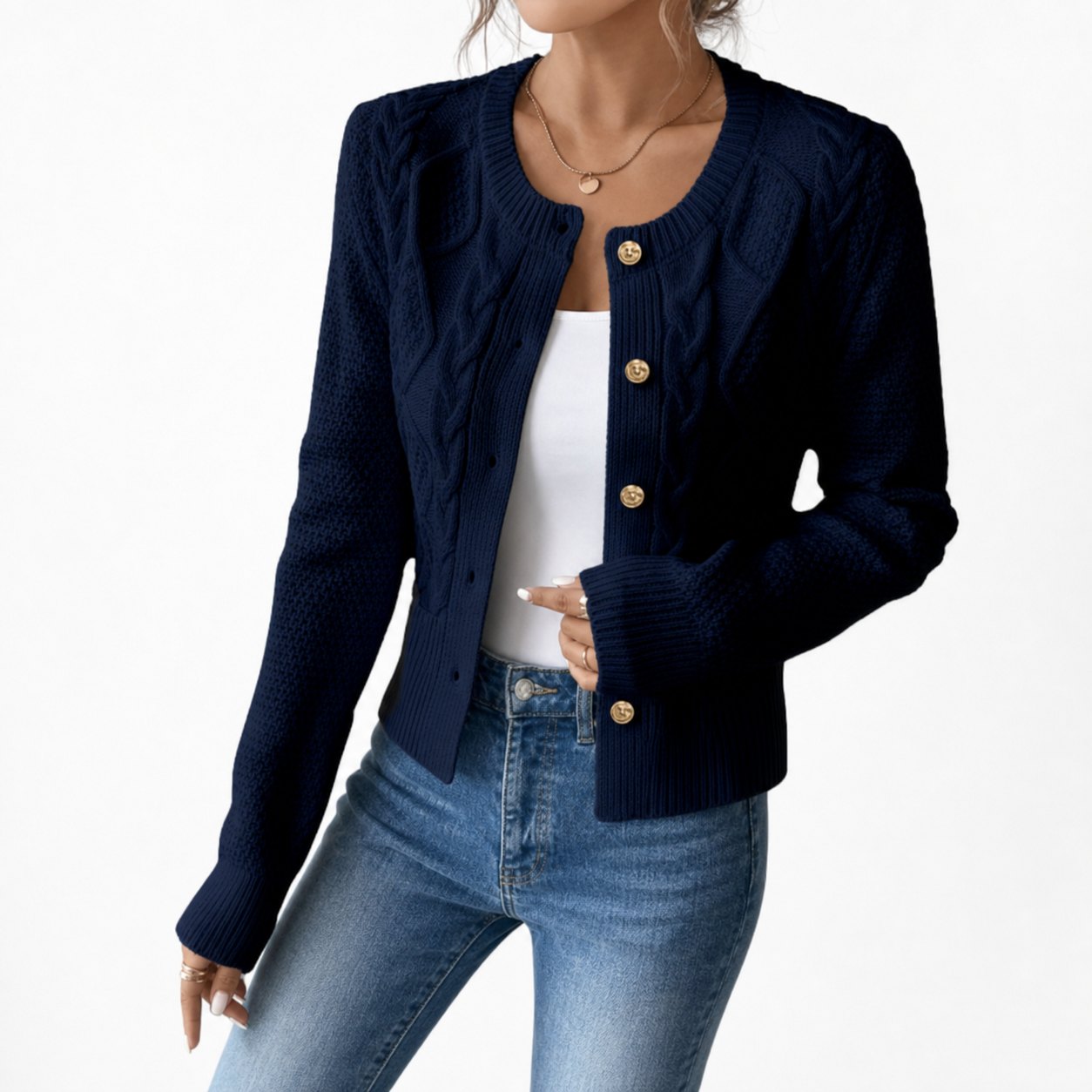 Women's Cable-Knit Cardigan Round-Neck Buttoned Regular Fit