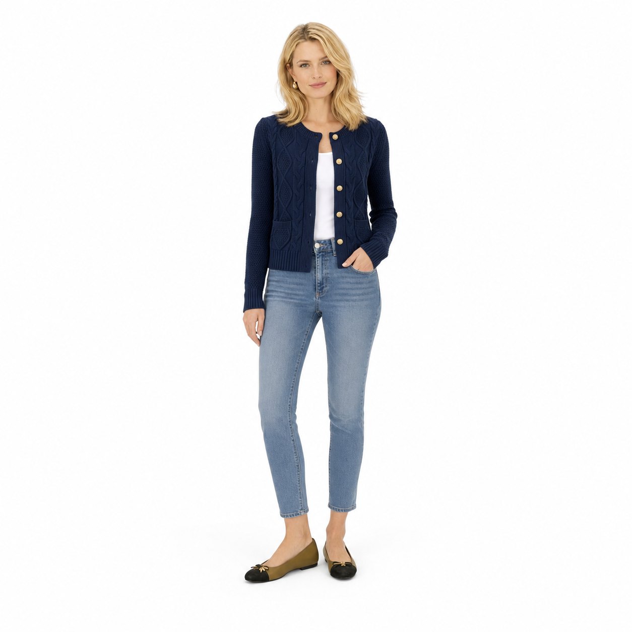Women's Cable-Knit Cardigan Round-Neck Buttoned Regular Fit