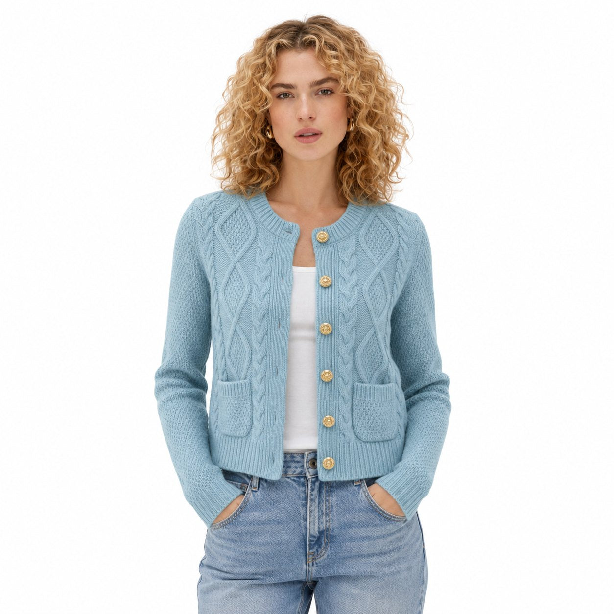 Women's Cable-Knit Cardigan Round-Neck Buttoned Regular Fit