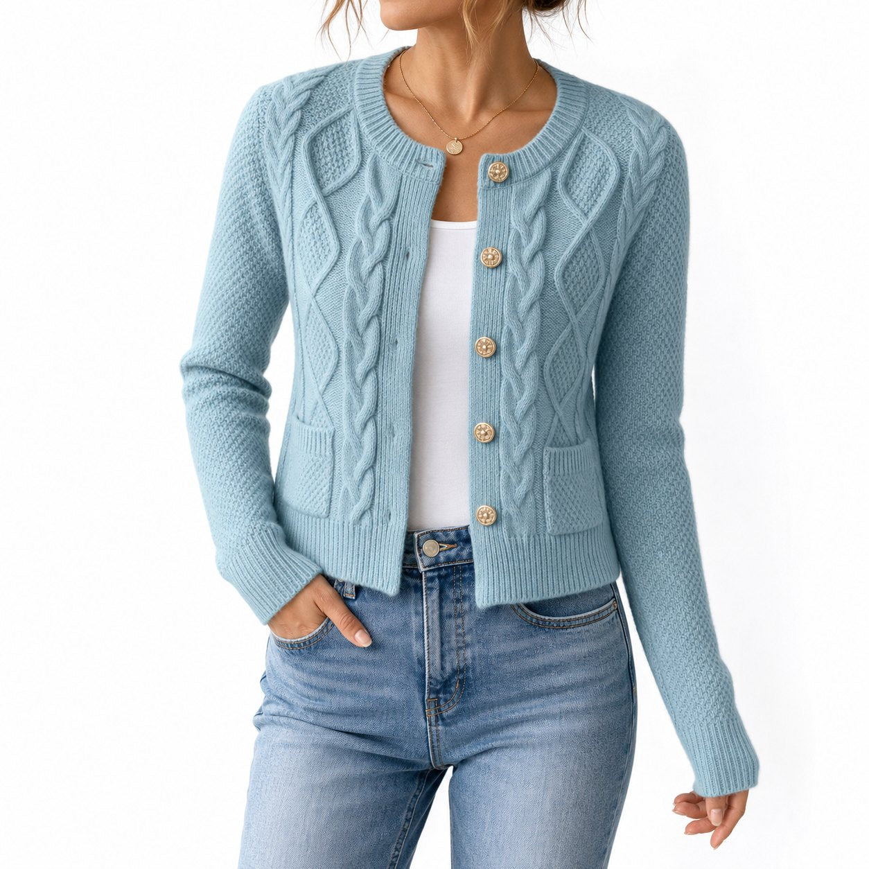 Women's Cable-Knit Cardigan Round-Neck Buttoned Regular Fit