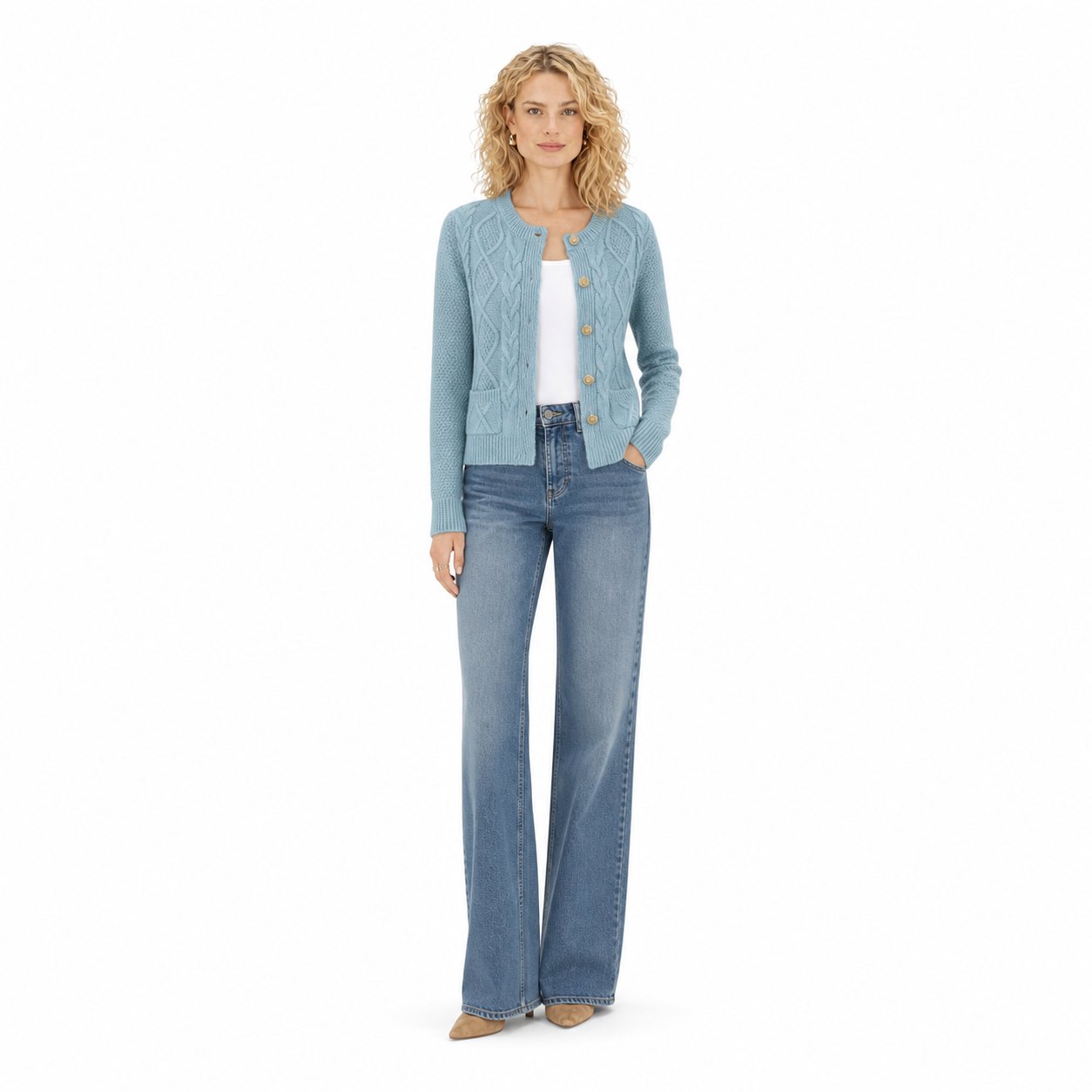 Women's Cable-Knit Cardigan Round-Neck Buttoned Regular Fit