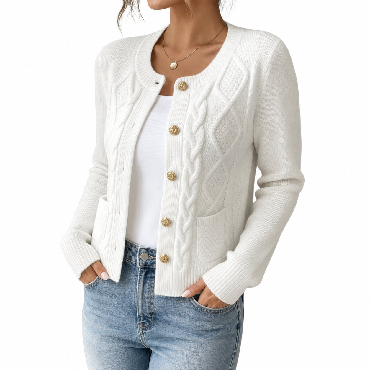 Women's Cable-Knit Cardigan Round-Neck Buttoned Regular Fit