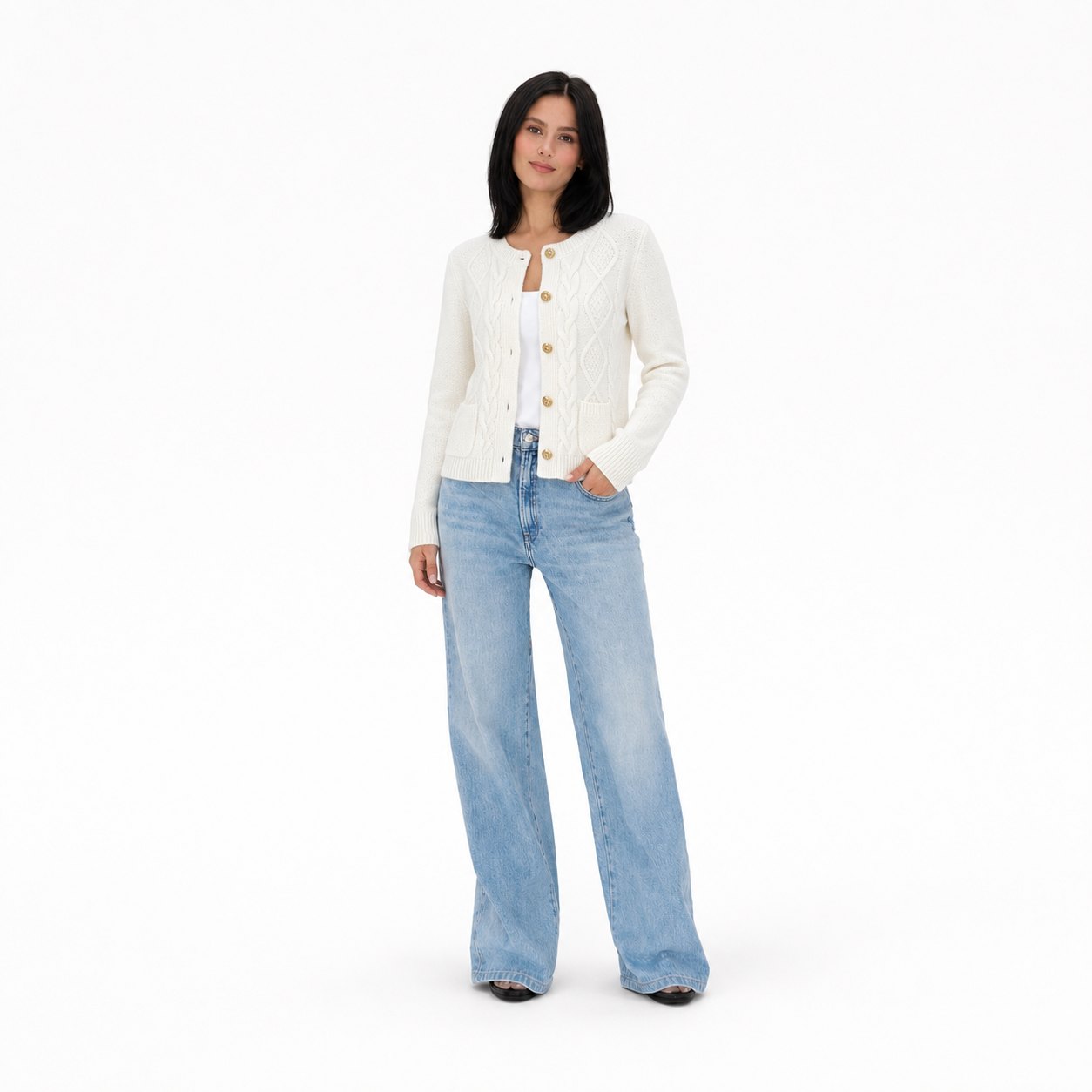 Women's Cable-Knit Cardigan Round-Neck Buttoned Regular Fit