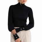 Women's Mock-Neck Jumper Pearl-Button Cuff Balloon Sleeve Regular Fit