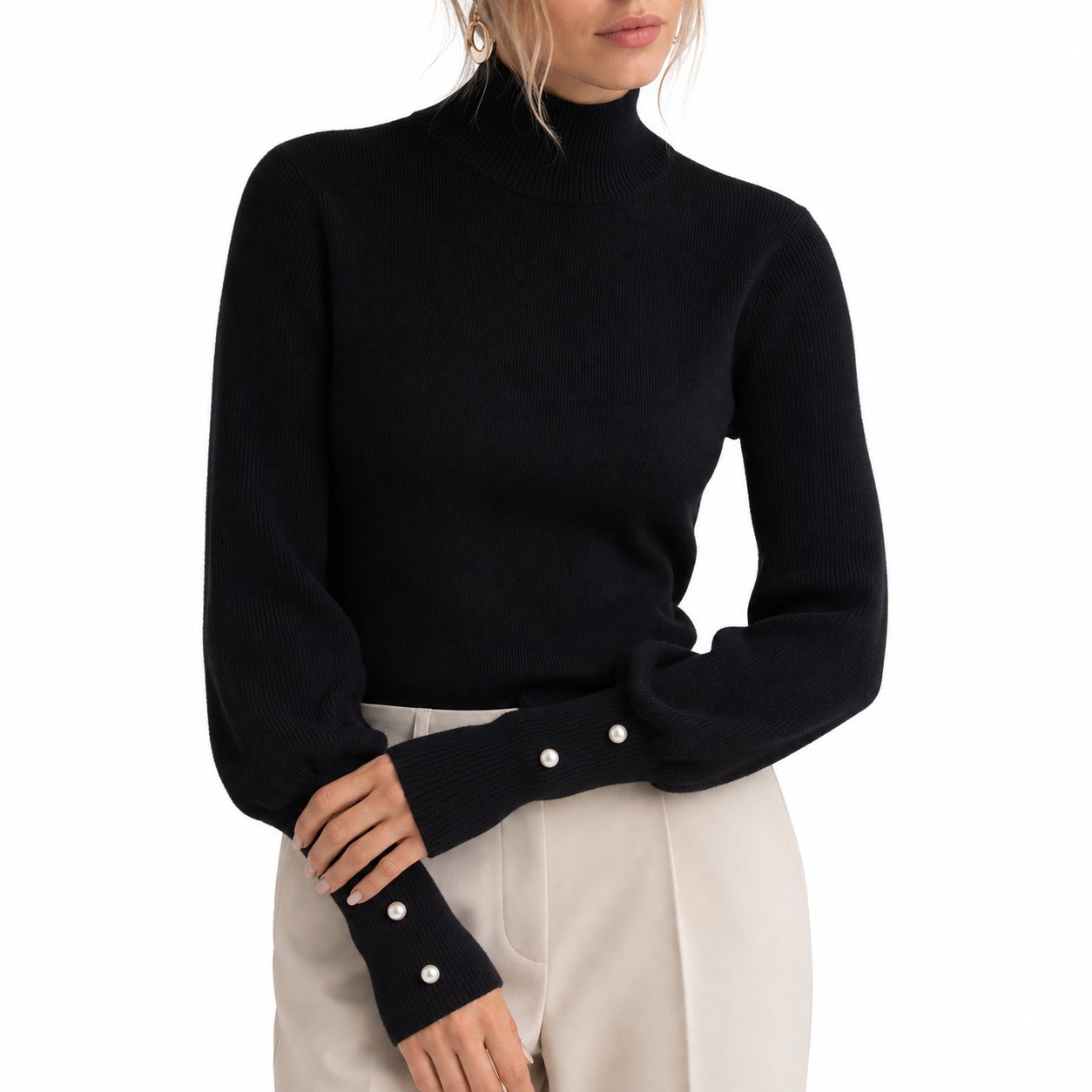 Women's Mock-Neck Jumper Pearl-Button Cuff Balloon Sleeve Regular Fit