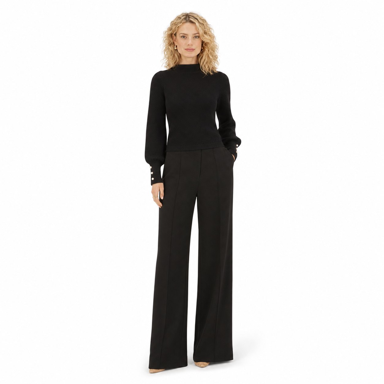 Women's Mock-Neck Jumper Pearl-Button Cuff Balloon Sleeve Regular Fit