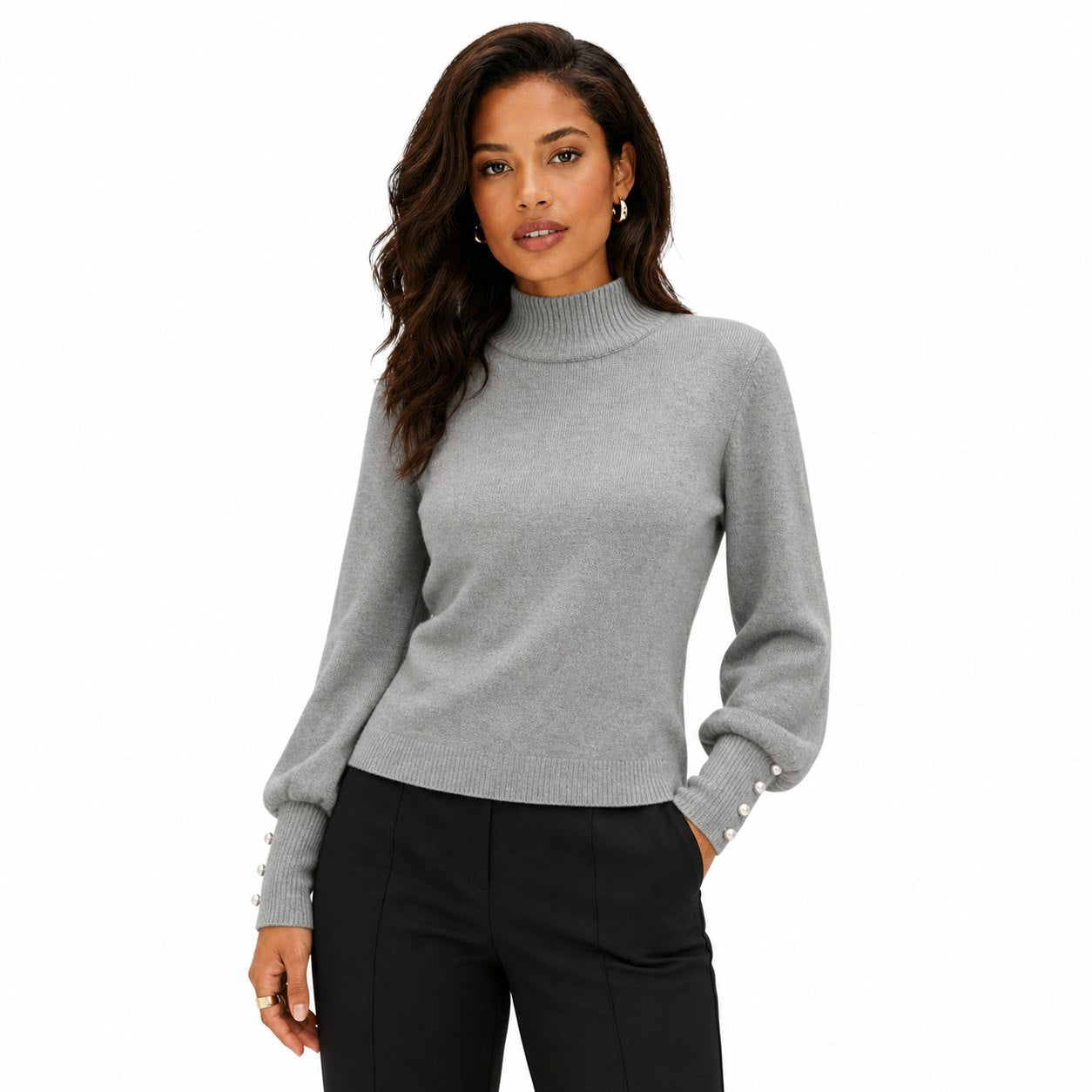 Women's Mock-Neck Jumper Pearl-Button Cuff Balloon Sleeve Regular Fit