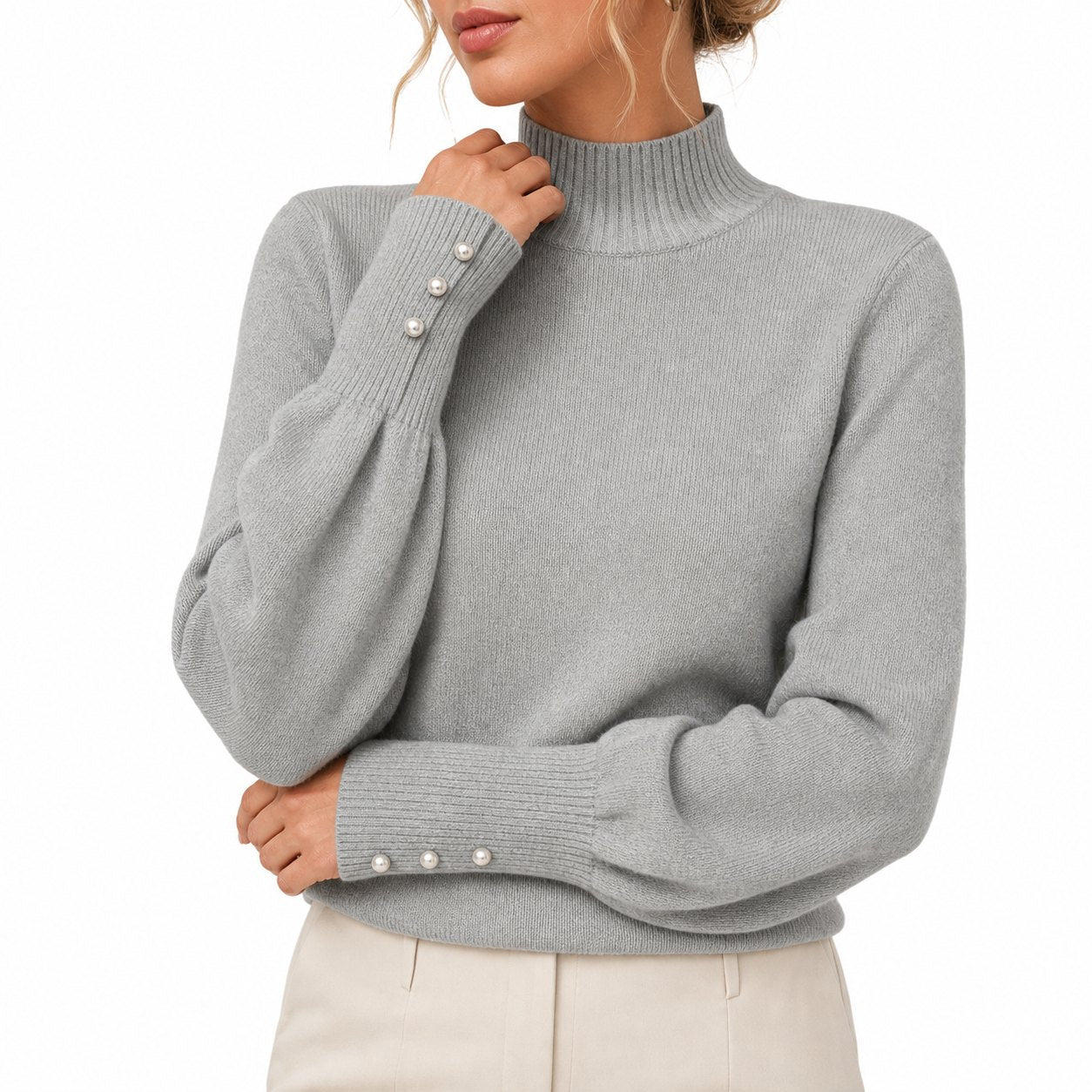 Women's Mock-Neck Jumper Pearl-Button Cuff Balloon Sleeve Regular Fit