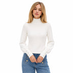 Women's Mock-Neck Jumper Pearl-Button Cuff Balloon Sleeve Regular Fit