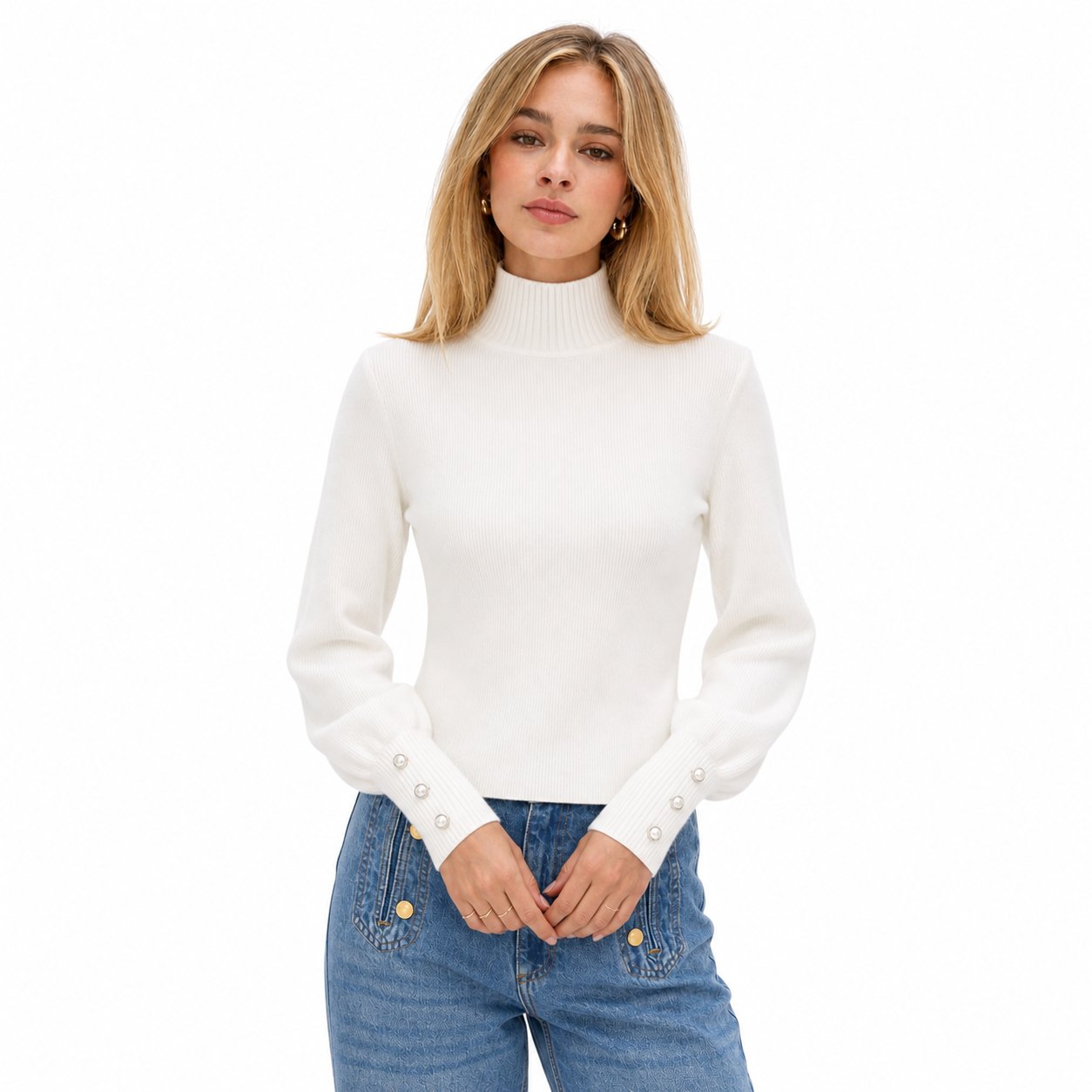 Women's Mock-Neck Jumper Pearl-Button Cuff Balloon Sleeve Regular Fit