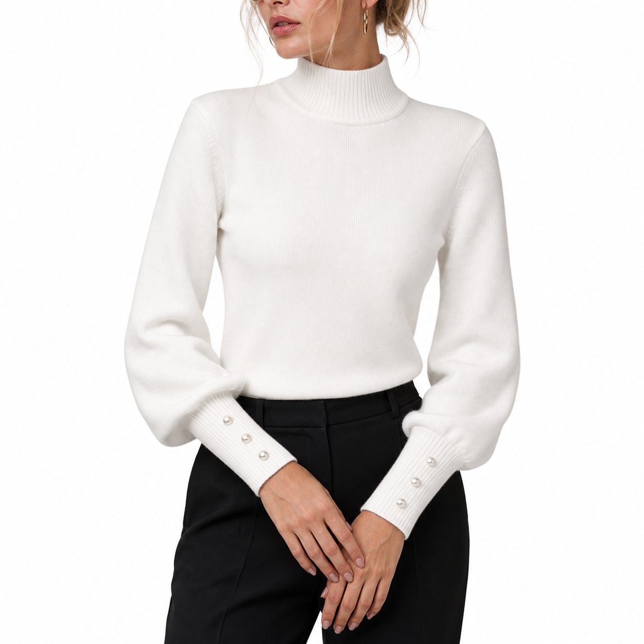 Women's Mock-Neck Jumper Pearl-Button Cuff Balloon Sleeve Regular Fit