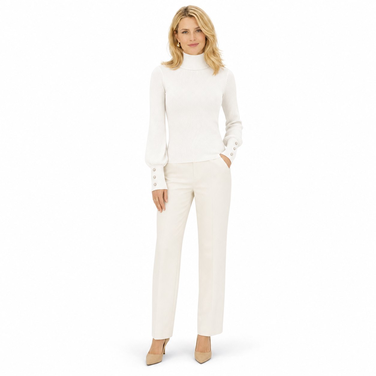 Women's Mock-Neck Jumper Pearl-Button Cuff Balloon Sleeve Regular Fit