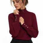 Women's Mock-Neck Jumper Pearl-Button Cuff Balloon Sleeve Regular Fit