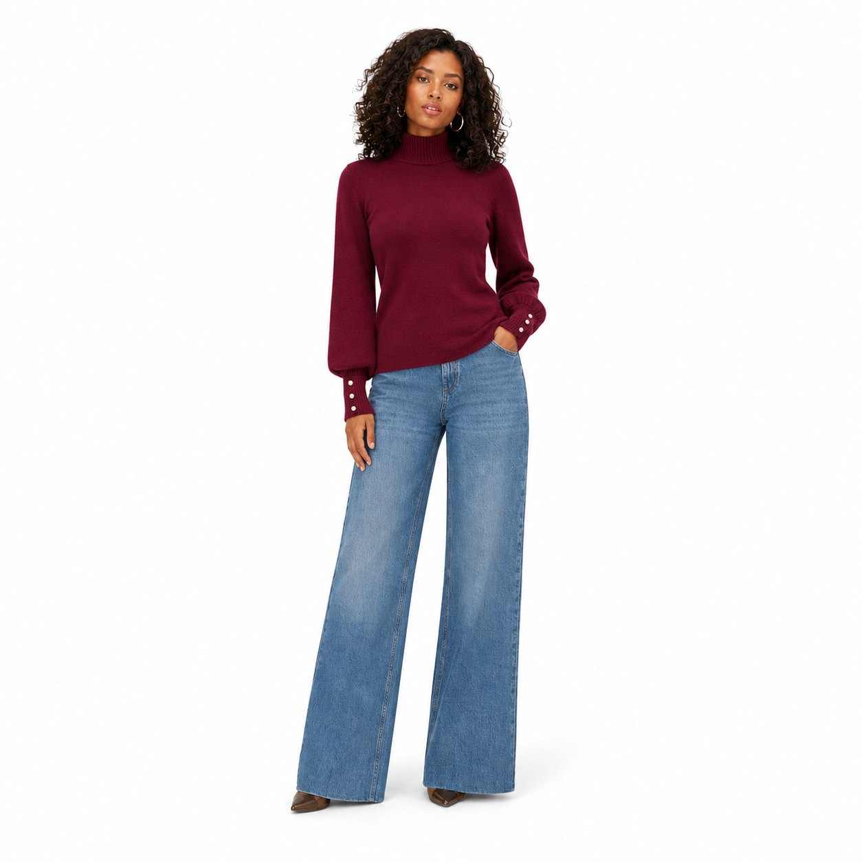 Women's Mock-Neck Jumper Pearl-Button Cuff Balloon Sleeve Regular Fit
