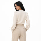Women's Pleated Satin Blouse Mock-Neck Long Sleeve Relaxed Fit