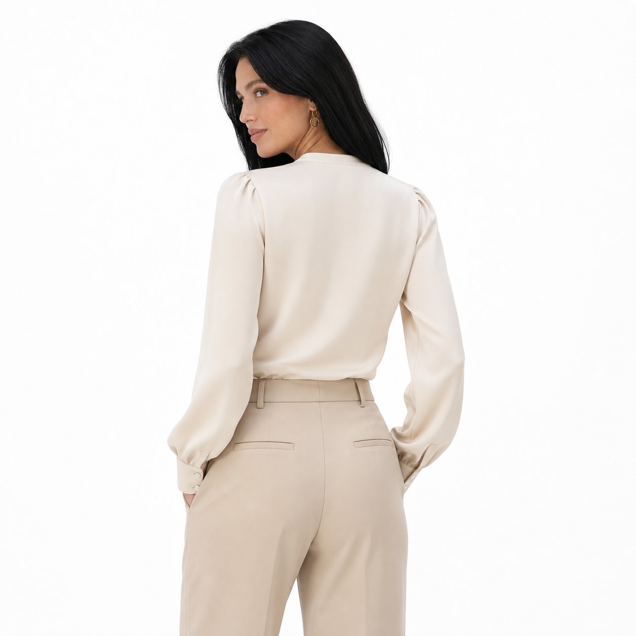 Women's Pleated Satin Blouse Mock-Neck Long Sleeve Relaxed Fit
