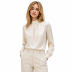 Women's Pleated Satin Blouse Mock-Neck Long Sleeve Relaxed Fit