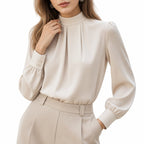 Women's Pleated Satin Blouse Mock-Neck Long Sleeve Relaxed Fit