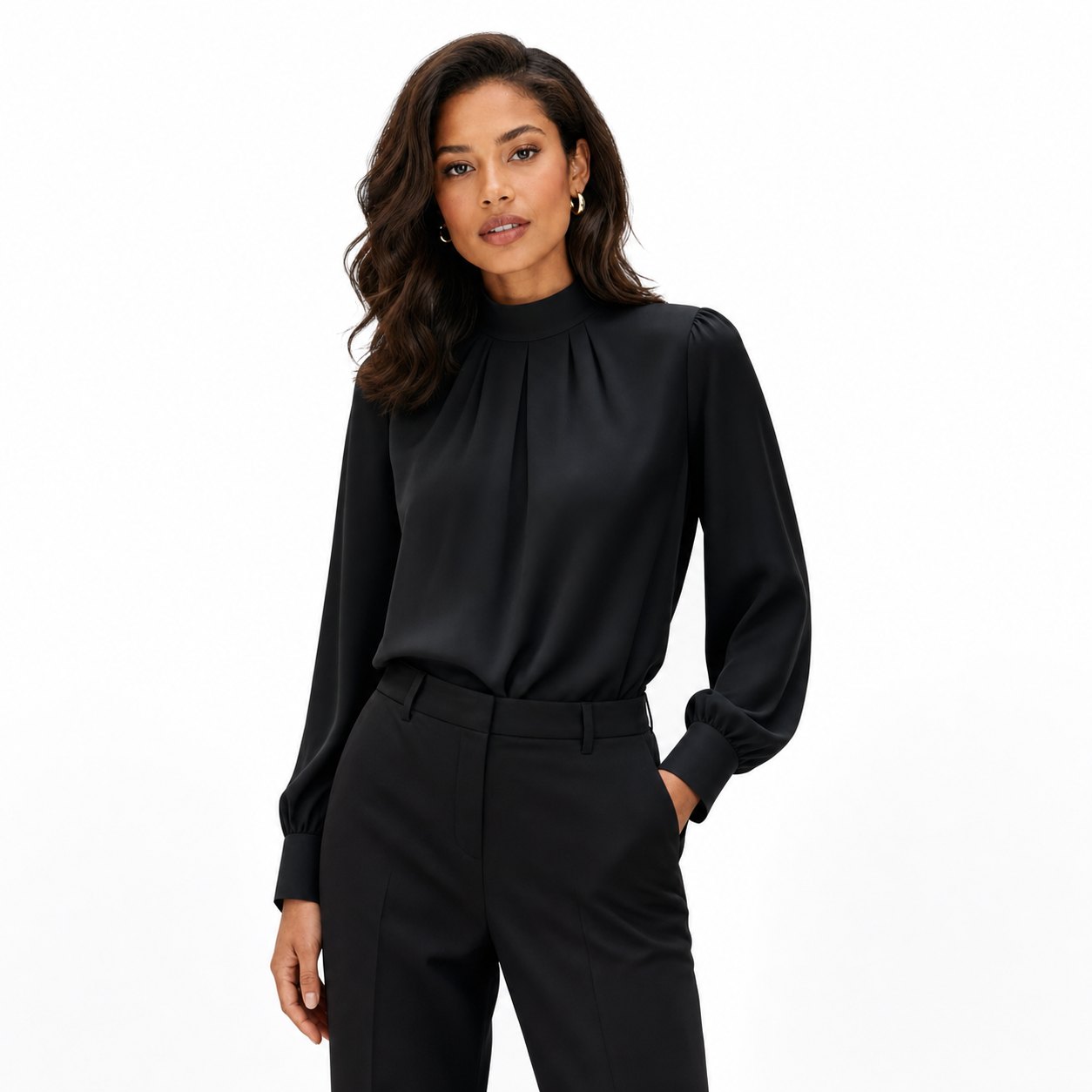 Women's Pleated Satin Blouse Mock-Neck Long Sleeve Relaxed Fit