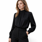 Women's Pleated Satin Blouse Mock-Neck Long Sleeve Relaxed Fit