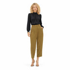 Women's Pleated Satin Blouse Mock-Neck Long Sleeve Relaxed Fit