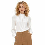 Women's Pleated Satin Blouse Mock-Neck Long Sleeve Relaxed Fit