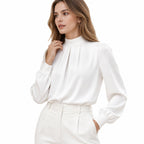 Women's Pleated Satin Blouse Mock-Neck Long Sleeve Relaxed Fit