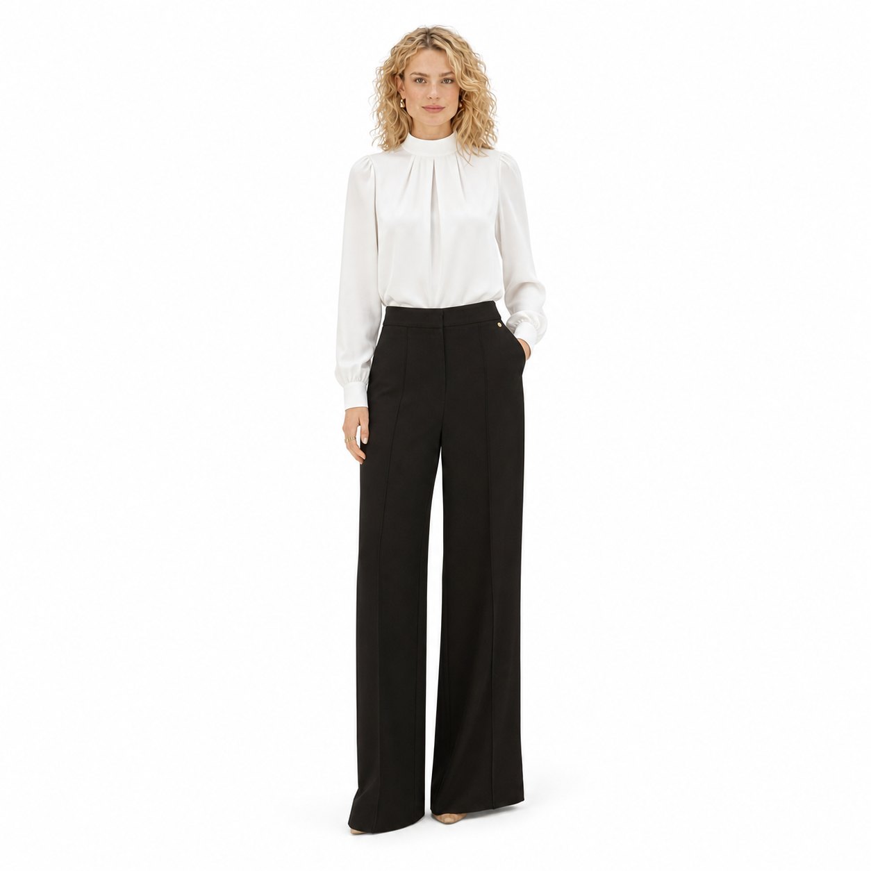 Women's Pleated Satin Blouse Mock-Neck Long Sleeve Relaxed Fit