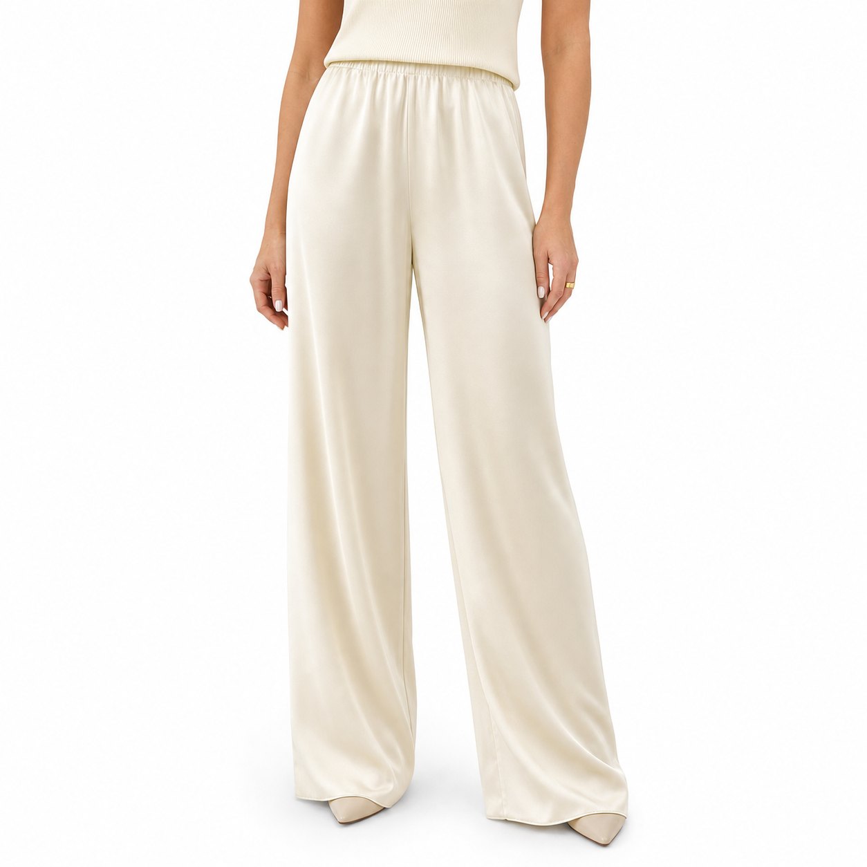 Women's Satin Wide-Leg Trousers Elastic-Waist Relaxed Fit