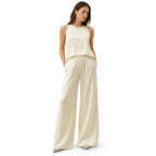 Women's Satin Wide-Leg Trousers Elastic-Waist Relaxed Fit
