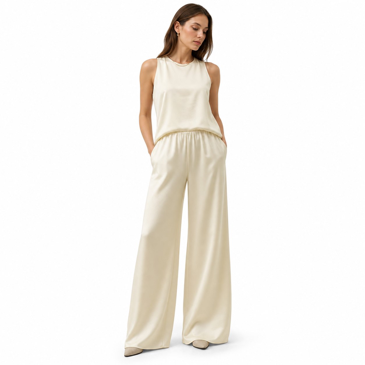 Women's Satin Wide-Leg Trousers Elastic-Waist Relaxed Fit