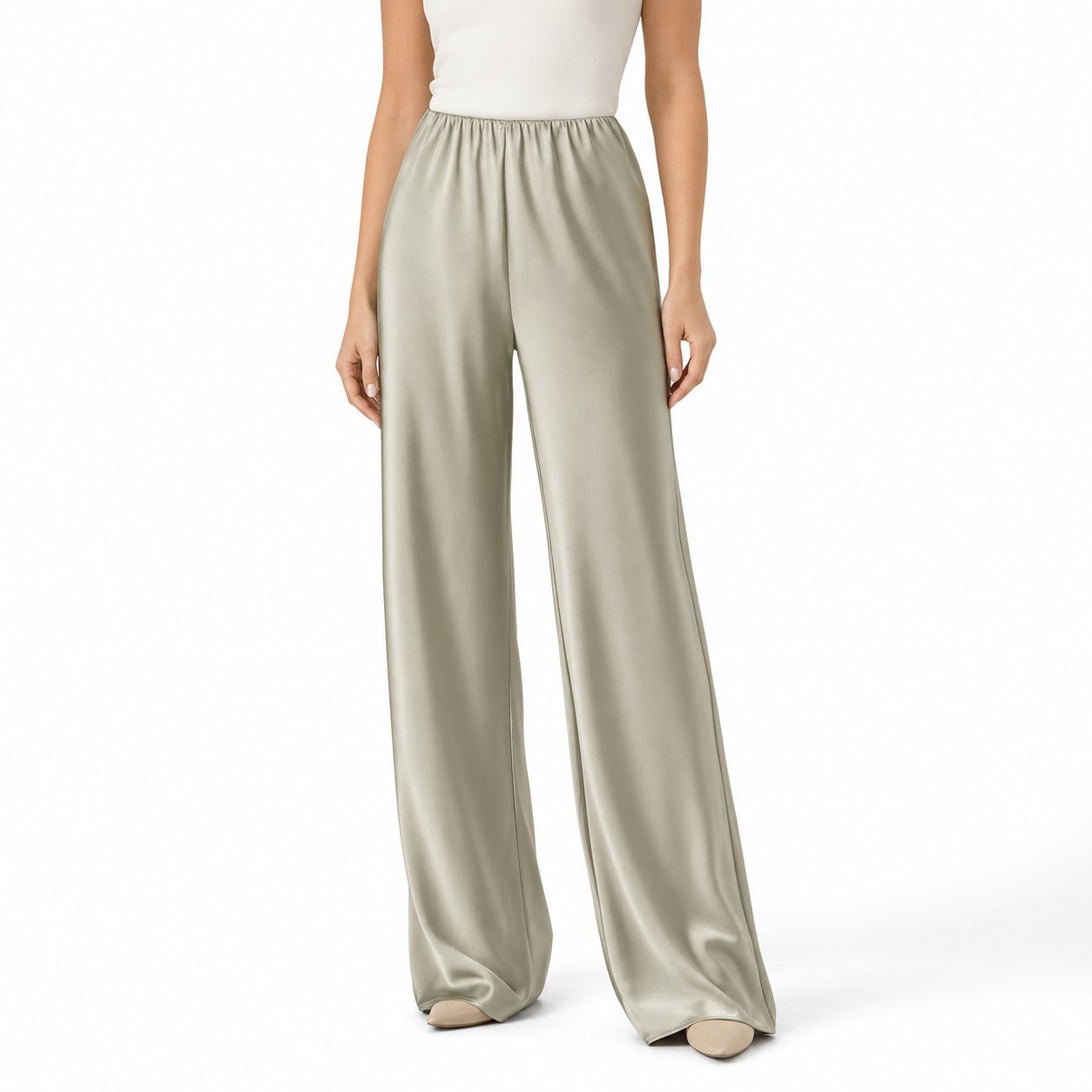 Women's Satin Wide-Leg Trousers Elastic-Waist Relaxed Fit