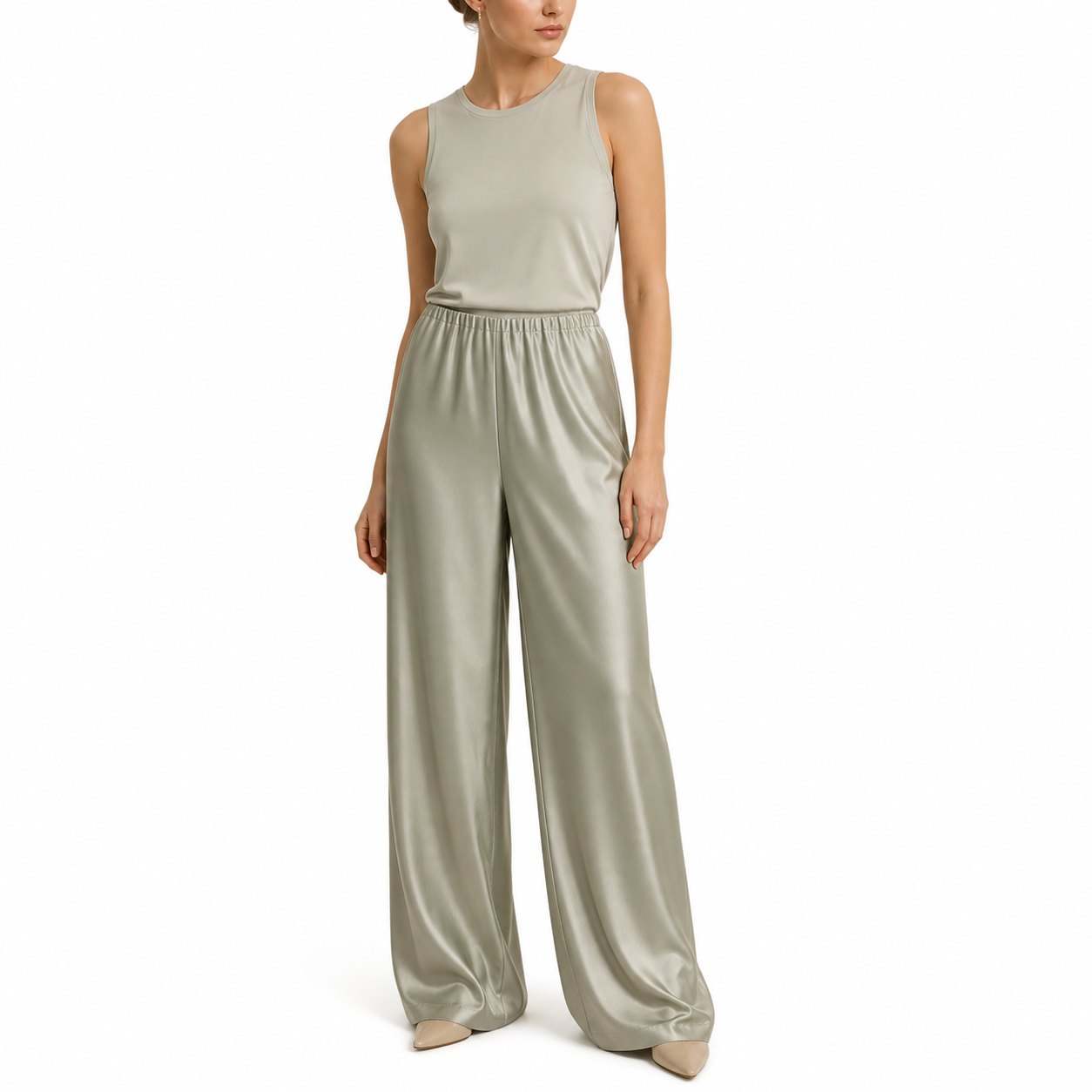 Women's Satin Wide-Leg Trousers Elastic-Waist Relaxed Fit