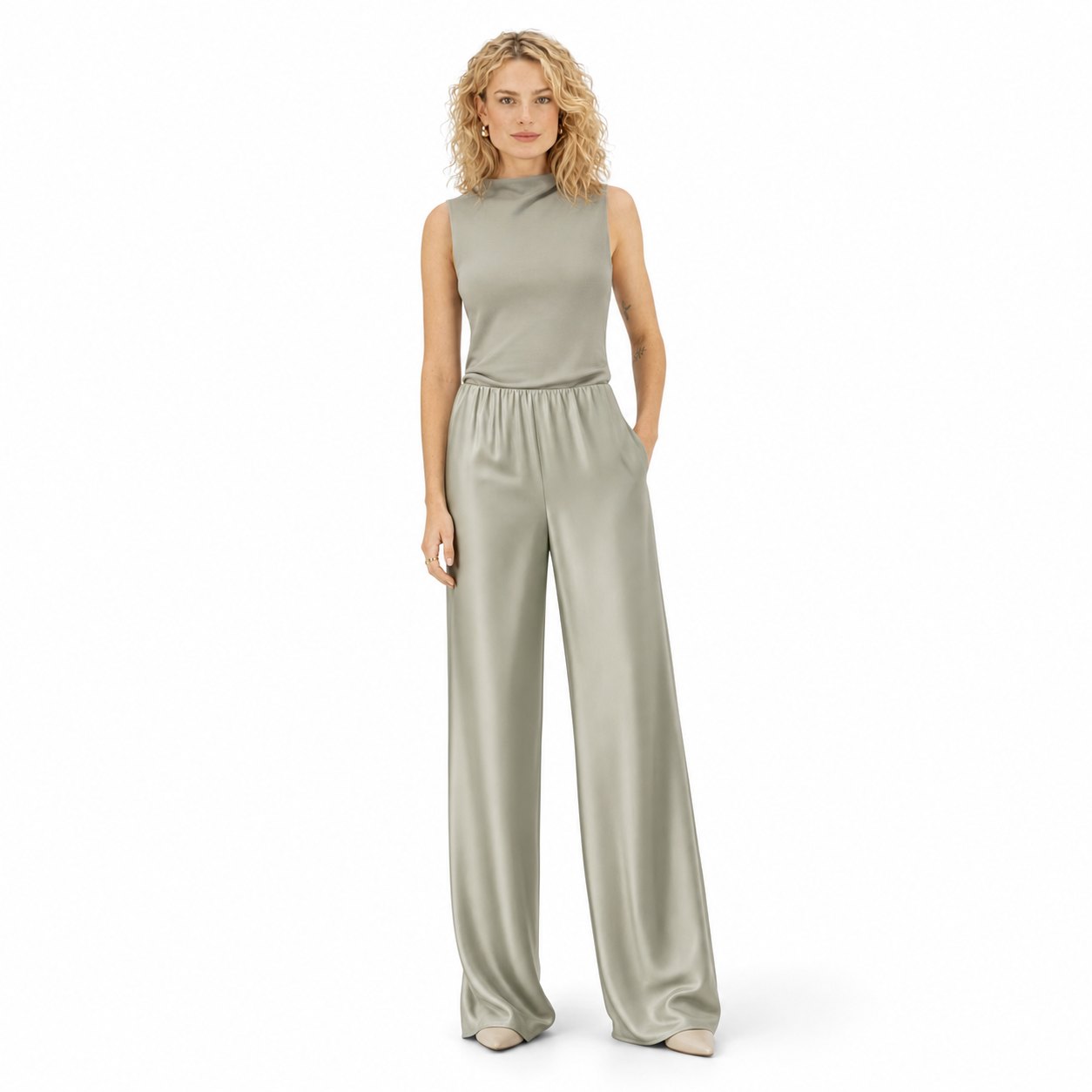 Women's Satin Wide-Leg Trousers Elastic-Waist Relaxed Fit