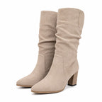 Women's Faux-Suede Mid-Calf Boots Slouch Pointed Toe Block Heel